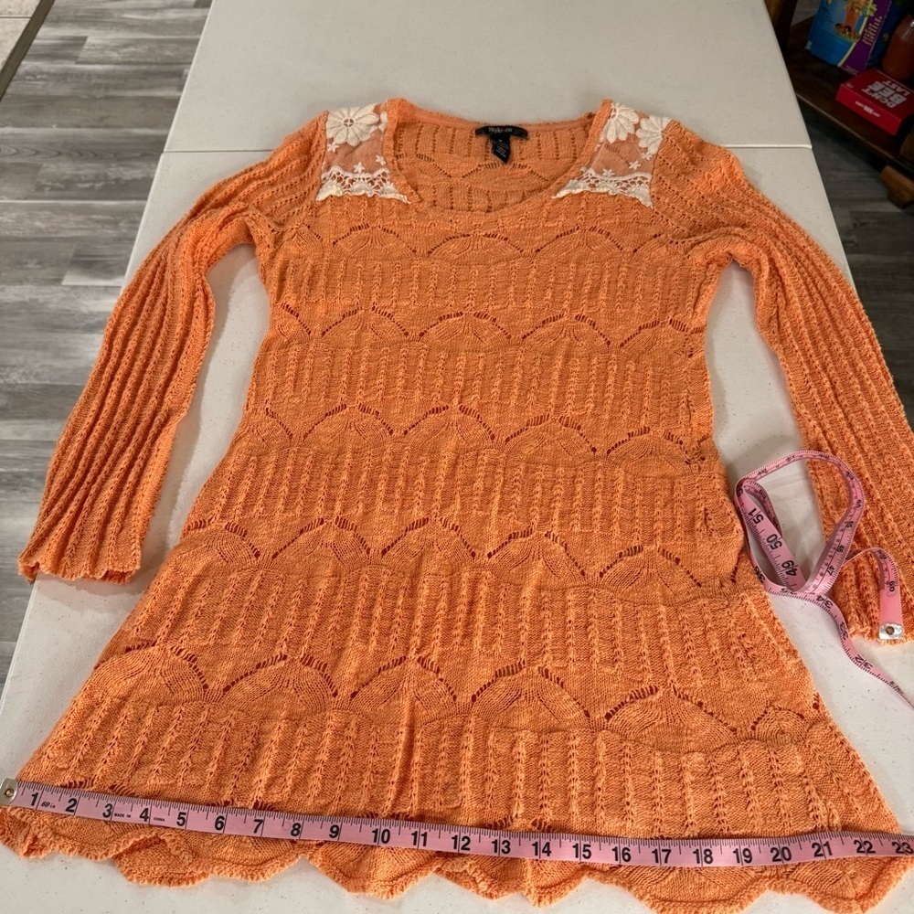 Style & Co. Crocheted Tunic Peach Lace Accents Long Sleeve Top Women’s Size Med - Picture 5 of 12
